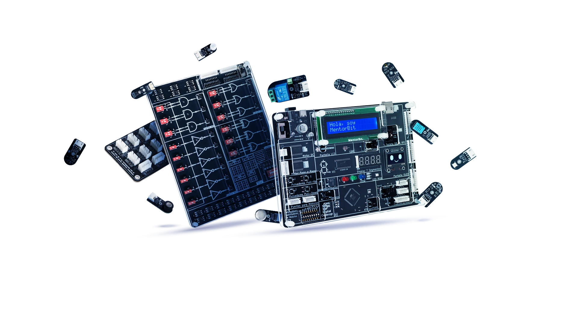 Digital Codesign STEM ecosystem including MentorBit, logic gates, and electronics kits for schools
